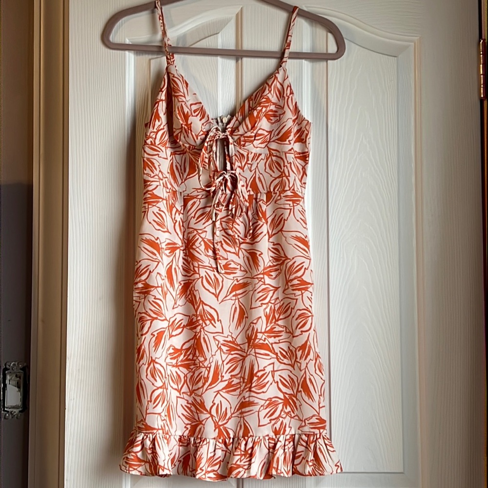 White and Orange Mini Sun Dress with a 2 Tie Front